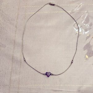 Vintage 14” liquid silver necklace w/1/4” Amethyst Heart + Sterling Silver Beads